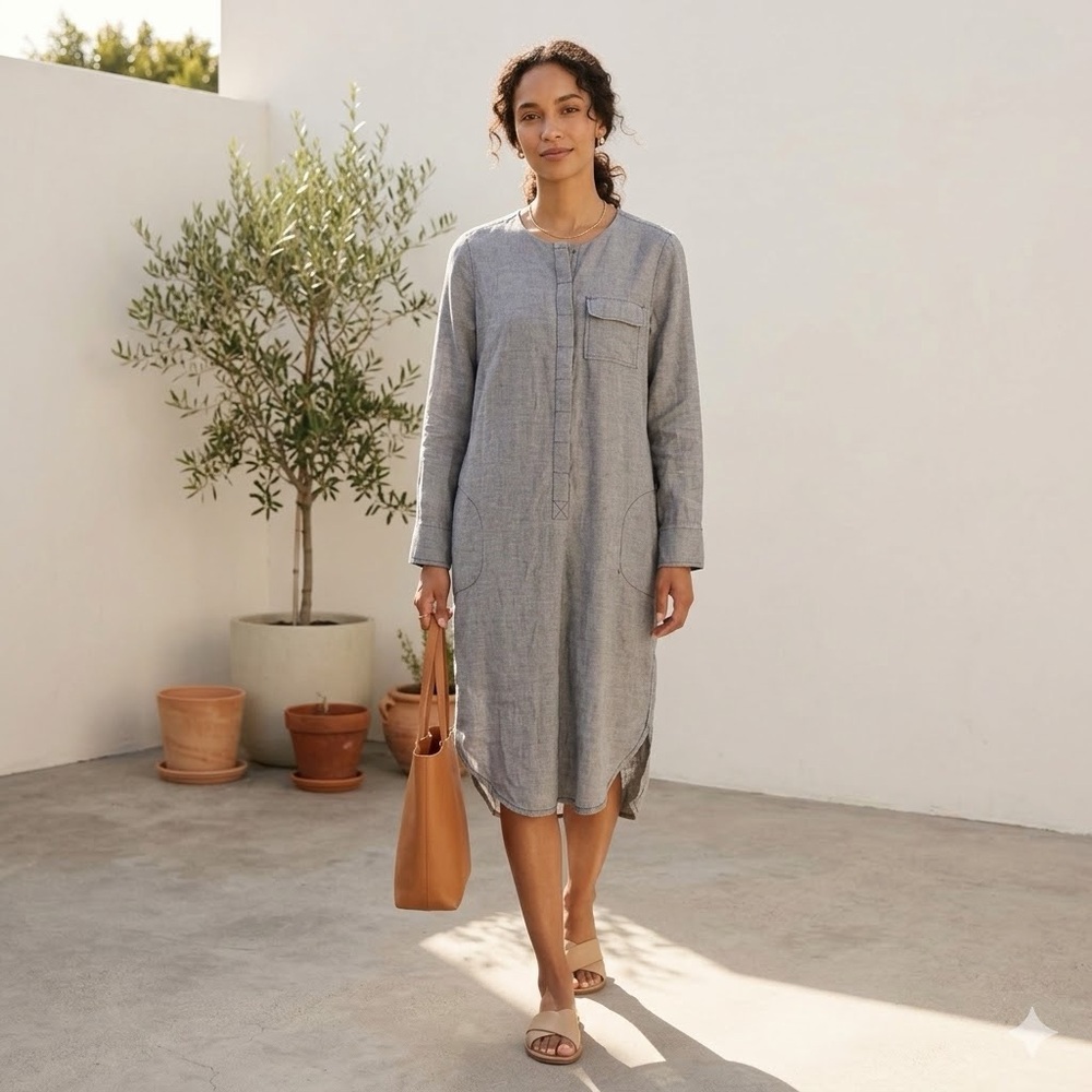 BROCHU WALKER Grey Linen Shirt Dress Kaftan M Hidden Button Lightweight Minimal
